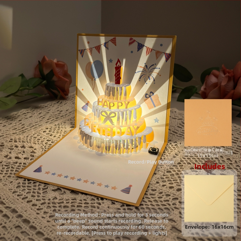 Salvestusvalgusega sünnipäevakaart, 3D-stereohäälega õnnitluskaart, tordi sünnipäevakingitus poiss-sõbrale ja tüdruksõbrale, õnnistuskaart