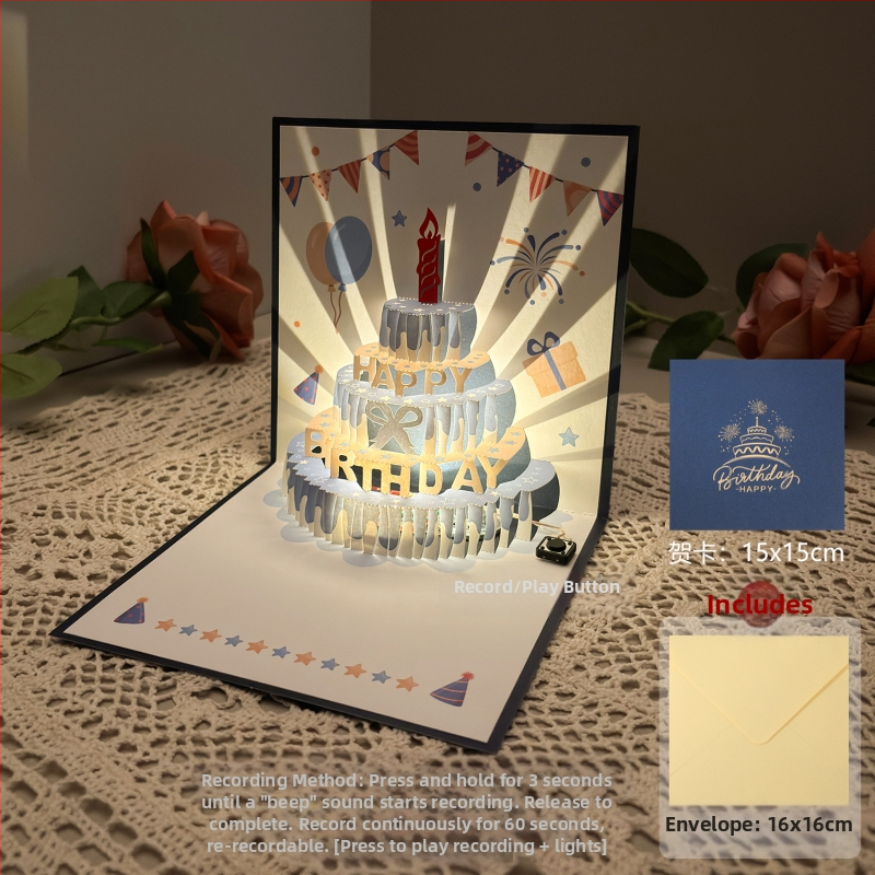 Salvestusvalgusega sünnipäevakaart, 3D-stereohäälega õnnitluskaart, tordi sünnipäevakingitus poiss-sõbrale ja tüdruksõbrale, õnnistuskaart