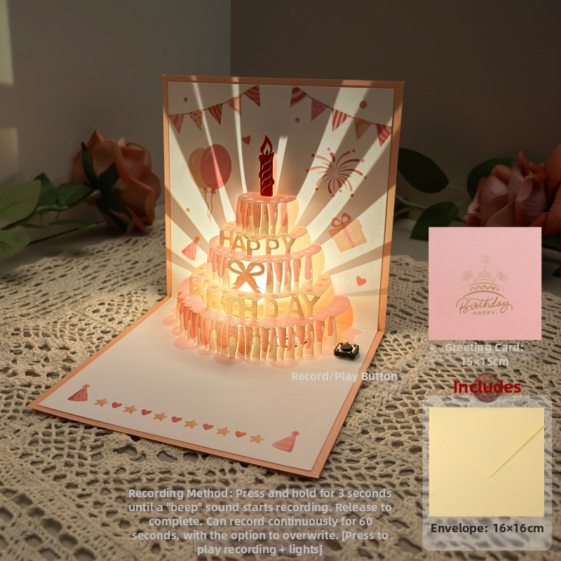 Salvestusvalgusega sünnipäevakaart, 3D-stereohäälega õnnitluskaart, tordi sünnipäevakingitus poiss-sõbrale ja tüdruksõbrale, õnnistuskaart