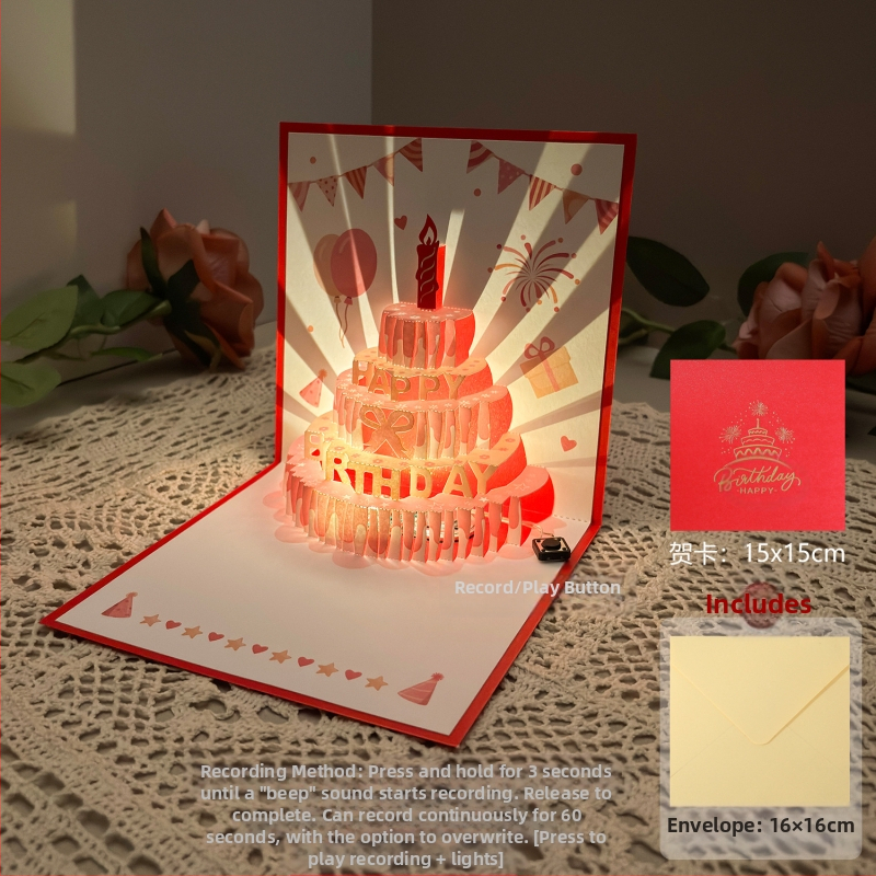 Salvestusvalgusega sünnipäevakaart, 3D-stereohäälega õnnitluskaart, tordi sünnipäevakingitus poiss-sõbrale ja tüdruksõbrale, õnnistuskaart