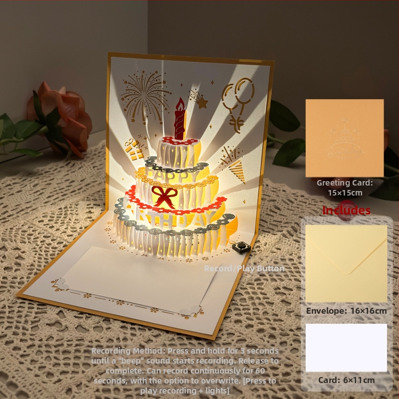 Salvestusvalgusega sünnipäevakaart, 3D-stereohäälega õnnitluskaart, tordi sünnipäevakingitus poiss-sõbrale ja tüdruksõbrale, õnnistuskaart