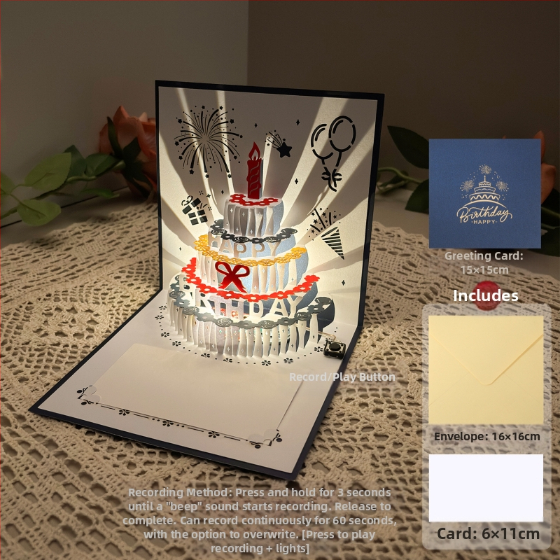 Salvestusvalgusega sünnipäevakaart, 3D-stereohäälega õnnitluskaart, tordi sünnipäevakingitus poiss-sõbrale ja tüdruksõbrale, õnnistuskaart
