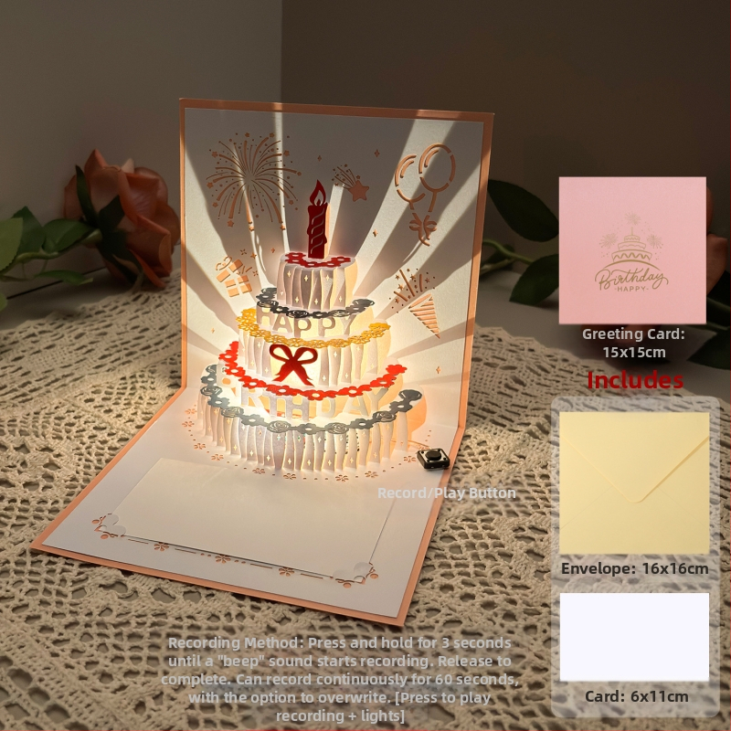 Salvestusvalgusega sünnipäevakaart, 3D-stereohäälega õnnitluskaart, tordi sünnipäevakingitus poiss-sõbrale ja tüdruksõbrale, õnnistuskaart