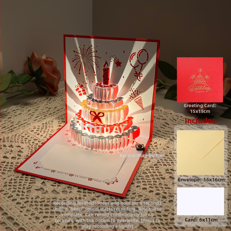 Salvestusvalgusega sünnipäevakaart, 3D-stereohäälega õnnitluskaart, tordi sünnipäevakingitus poiss-sõbrale ja tüdruksõbrale, õnnistuskaart