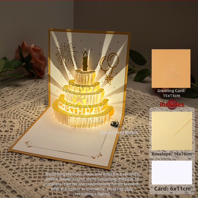 Salvestusvalgusega sünnipäevakaart, 3D-stereohäälega õnnitluskaart, tordi sünnipäevakingitus poiss-sõbrale ja tüdruksõbrale, õnnistuskaart
