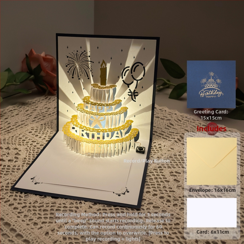 Salvestusvalgusega sünnipäevakaart, 3D-stereohäälega õnnitluskaart, tordi sünnipäevakingitus poiss-sõbrale ja tüdruksõbrale, õnnistuskaart