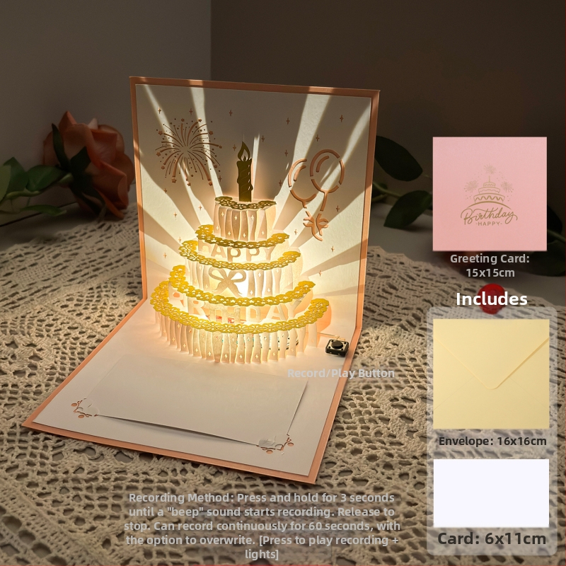 Salvestusvalgusega sünnipäevakaart, 3D-stereohäälega õnnitluskaart, tordi sünnipäevakingitus poiss-sõbrale ja tüdruksõbrale, õnnistuskaart