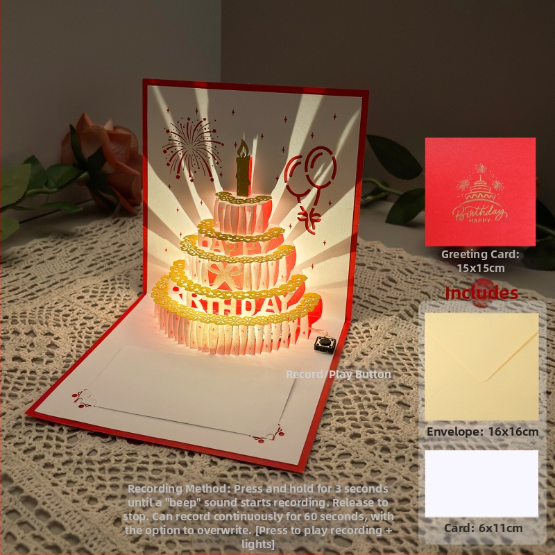 Salvestusvalgusega sünnipäevakaart, 3D-stereohäälega õnnitluskaart, tordi sünnipäevakingitus poiss-sõbrale ja tüdruksõbrale, õnnistuskaart