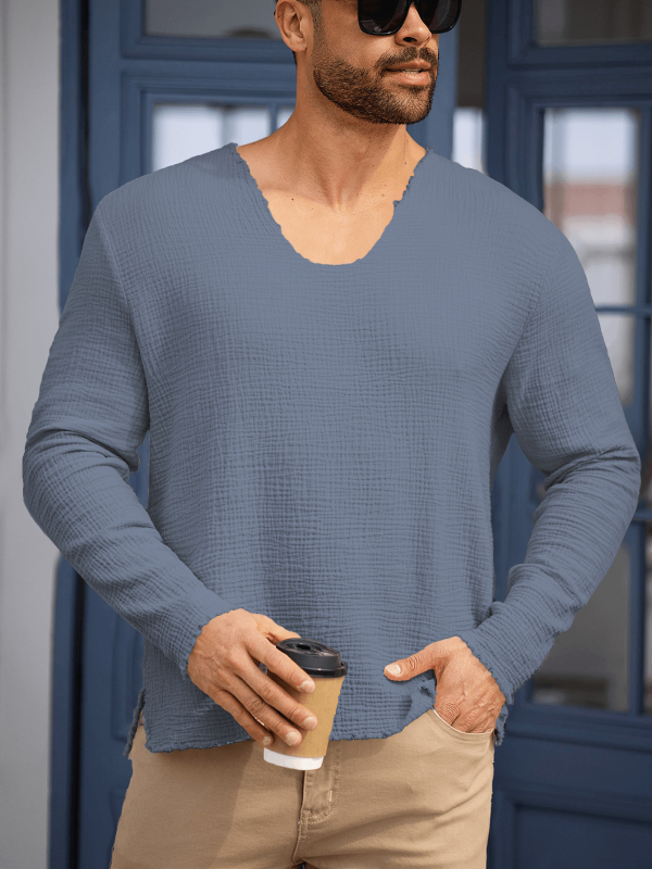 Meeste vabaaja pikkade varrukatega V-kaelusega särk, boheemlaslikust renessansistiilist, universaalne puuvillane topp meestele