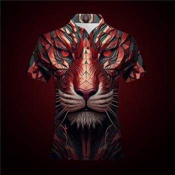 Dzīvnieku tīģera raksta pogu polo krekls ar īsām piedurknēm, 3D rūpnīcas tiešā pārdošana, pilnībā pārvaldīta piegāde, stabila piegāde.
