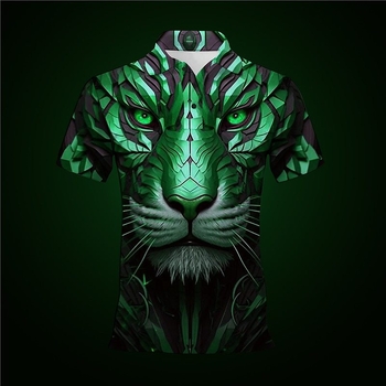 Dzīvnieku tīģera raksta pogu polo krekls ar īsām piedurknēm, 3D rūpnīcas tiešā pārdošana, pilnībā pārvaldīta piegāde, stabila piegāde.