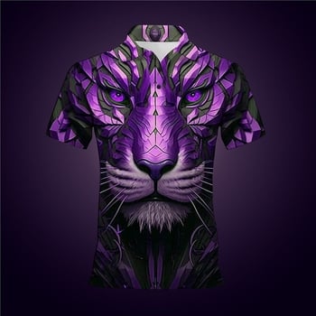 Dzīvnieku tīģera raksta pogu polo krekls ar īsām piedurknēm, 3D rūpnīcas tiešā pārdošana, pilnībā pārvaldīta piegāde, stabila piegāde.