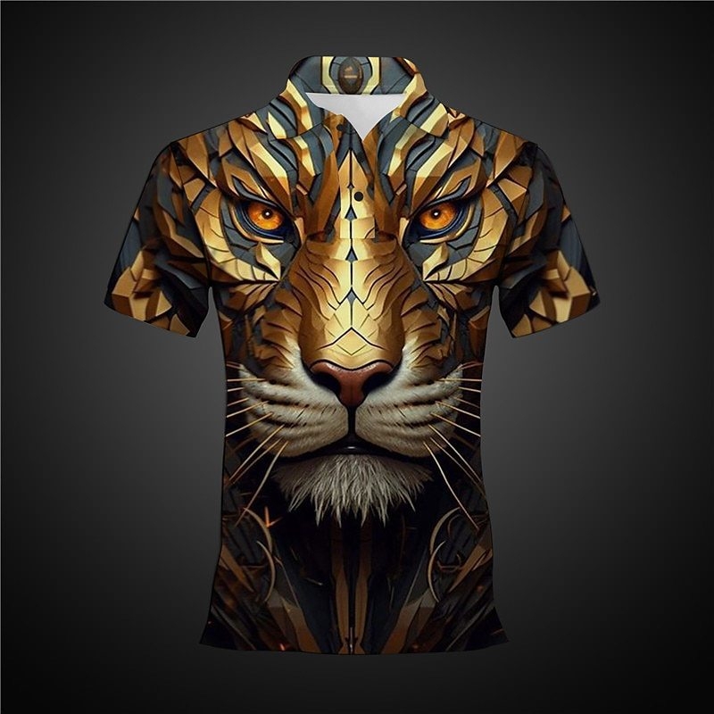 Gyvūnų tigro rašto sagų formos trumpų rankovių polo marškinėliai, 3D tiesioginiai pardavimai iš gamyklos, visiškai valdomas pristatymas, stabilus tiekimas