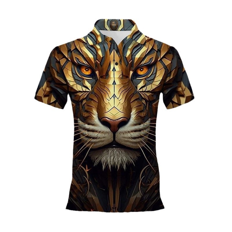 Gyvūnų tigro rašto sagų formos trumpų rankovių polo marškinėliai, 3D tiesioginiai pardavimai iš gamyklos, visiškai valdomas pristatymas, stabilus tiekimas