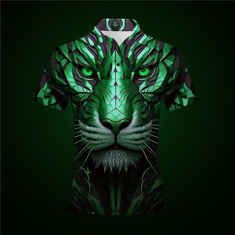 Dzīvnieku tīģera raksta pogu polo krekls ar īsām piedurknēm, 3D rūpnīcas tiešā pārdošana, pilnībā pārvaldīta piegāde, stabila piegāde.