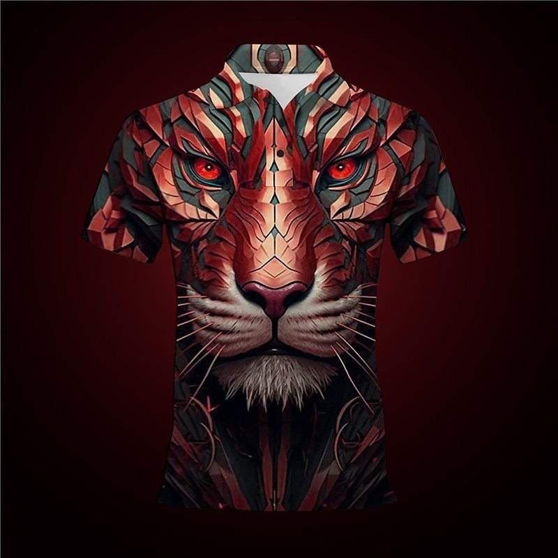 Dzīvnieku tīģera raksta pogu polo krekls ar īsām piedurknēm, 3D rūpnīcas tiešā pārdošana, pilnībā pārvaldīta piegāde, stabila piegāde.