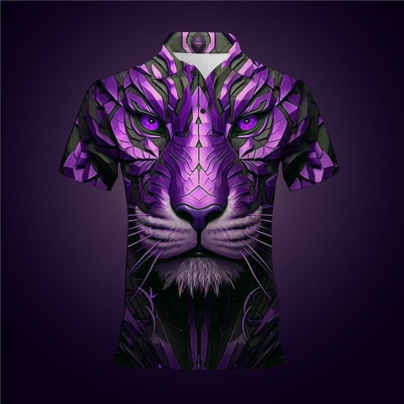 Dzīvnieku tīģera raksta pogu polo krekls ar īsām piedurknēm, 3D rūpnīcas tiešā pārdošana, pilnībā pārvaldīta piegāde, stabila piegāde.