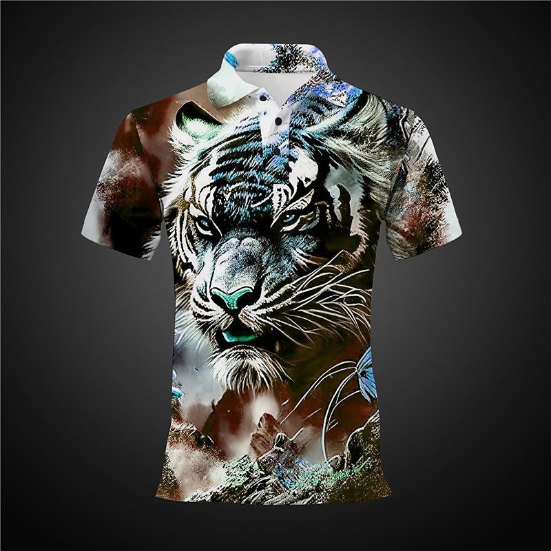 Dzīvnieku tīģera raksta pogu polo krekls ar īsām piedurknēm, 3D rūpnīcas tiešā pārdošana, pilnībā pārvaldīta piegāde, stabila piegāde.