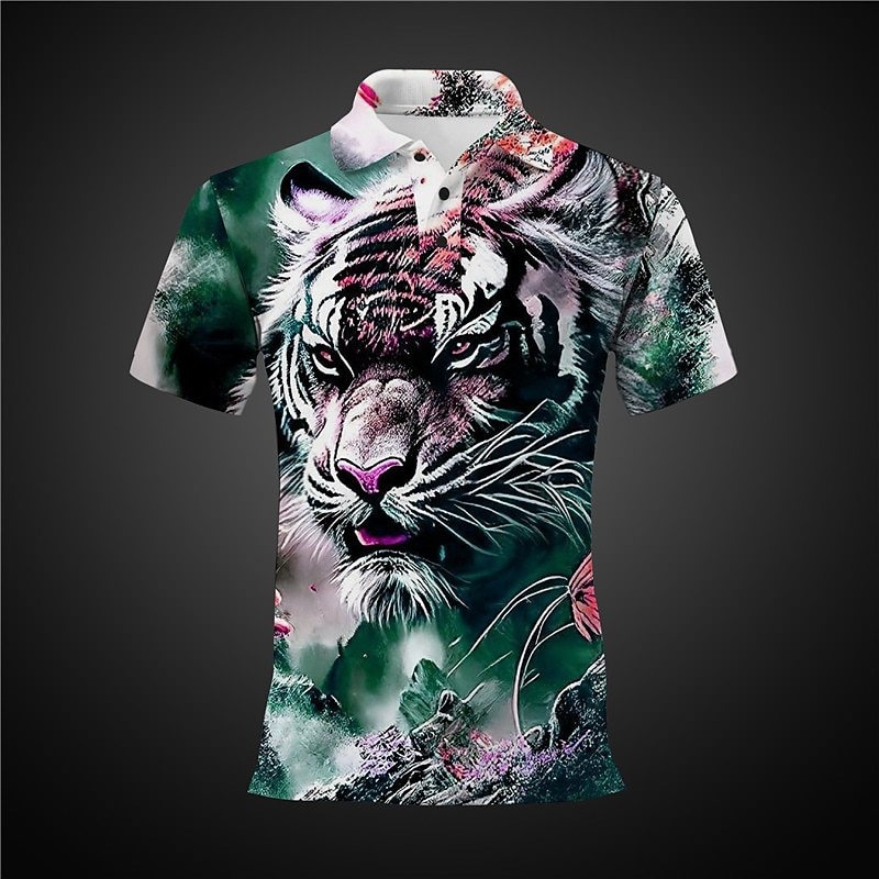 Dzīvnieku tīģera raksta pogu polo krekls ar īsām piedurknēm, 3D rūpnīcas tiešā pārdošana, pilnībā pārvaldīta piegāde, stabila piegāde.