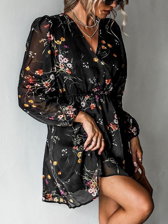 Amazon Wish határokon átnyúló, legkelendőbb ruha, V-nyakú, elegáns, sifonmintás, virágmintás, tavaszi, átlátszó ruha, sokoldalú