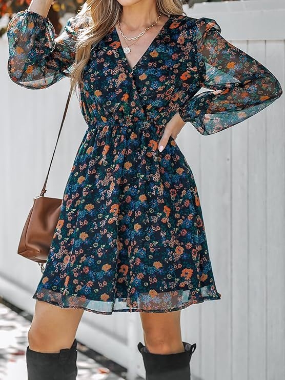 Amazon Wish határokon átnyúló, legkelendőbb ruha, V-nyakú, elegáns, sifonmintás, virágmintás, tavaszi, átlátszó ruha, sokoldalú