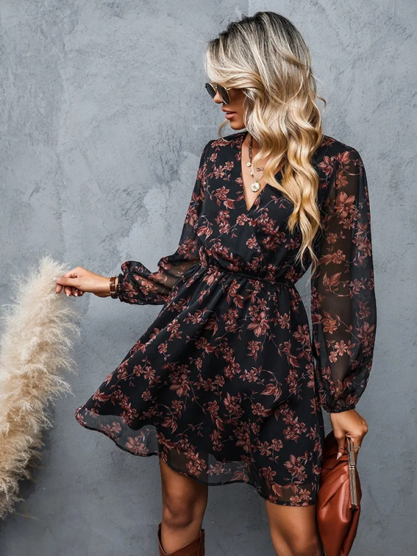 Amazon Wish határokon átnyúló, legkelendőbb ruha, V-nyakú, elegáns, sifonmintás, virágmintás, tavaszi, átlátszó ruha, sokoldalú