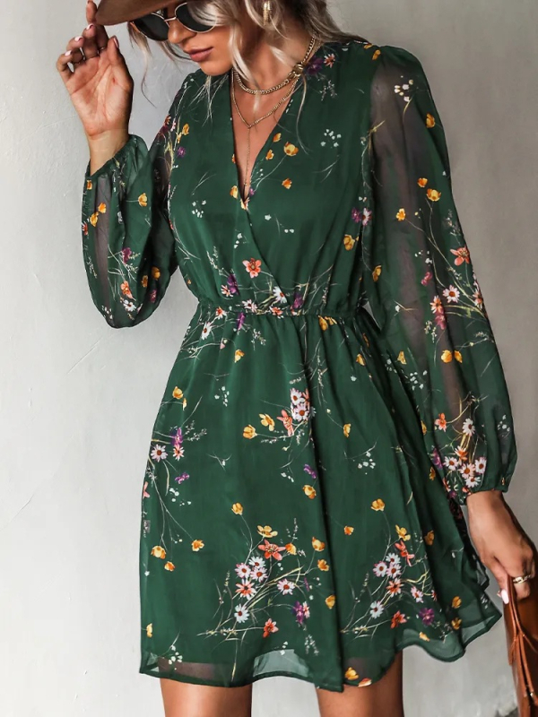 Amazon Wish határokon átnyúló, legkelendőbb ruha, V-nyakú, elegáns, sifonmintás, virágmintás, tavaszi, átlátszó ruha, sokoldalú