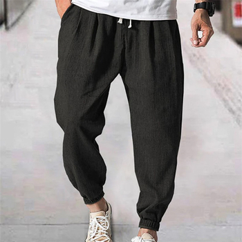 Ανδρικό κολάν jogger από βαμβάκι και λινό, με λάστιχο στη μέση, τσέπη μπροστά, μονόχρωμο, άνετο, casual, χαλαρό