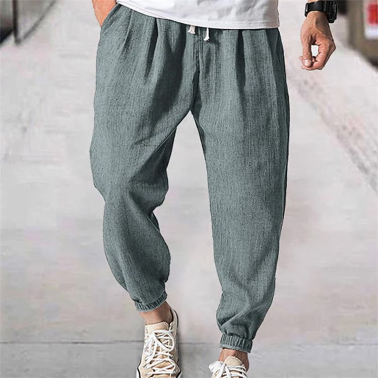 Férfi pamut és lenvászon szabadidő leggings, húzózsinóros, rugalmas derékkal, elülső zsebbel, egyszínű, kényelmes, lezser, bő