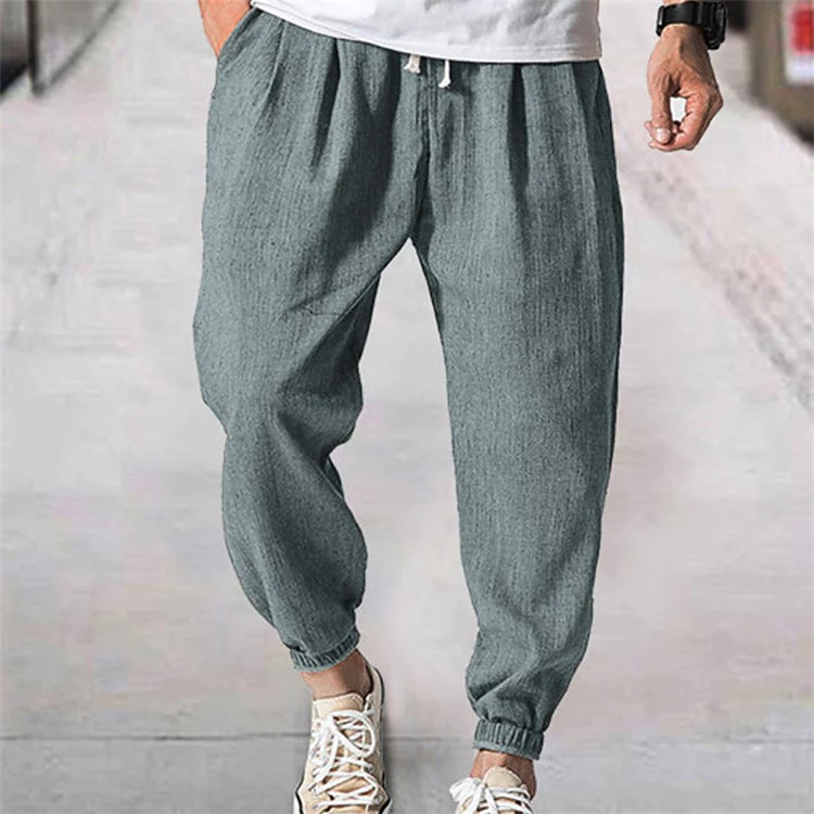 Férfi pamut és lenvászon szabadidő leggings, húzózsinóros, rugalmas derékkal, elülső zsebbel, egyszínű, kényelmes, lezser, bő