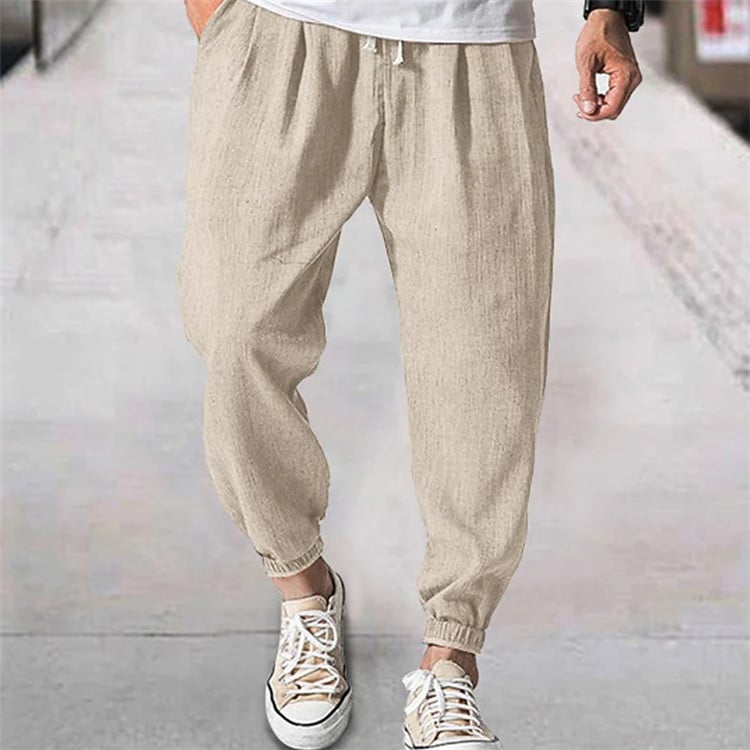 Férfi pamut és lenvászon szabadidő leggings, húzózsinóros, rugalmas derékkal, elülső zsebbel, egyszínű, kényelmes, lezser, bő