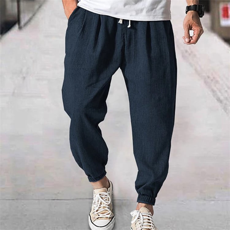 Férfi pamut és lenvászon szabadidő leggings, húzózsinóros, rugalmas derékkal, elülső zsebbel, egyszínű, kényelmes, lezser, bő