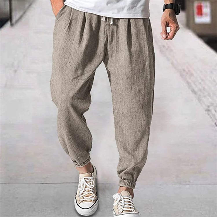 Férfi pamut és lenvászon szabadidő leggings, húzózsinóros, rugalmas derékkal, elülső zsebbel, egyszínű, kényelmes, lezser, bő