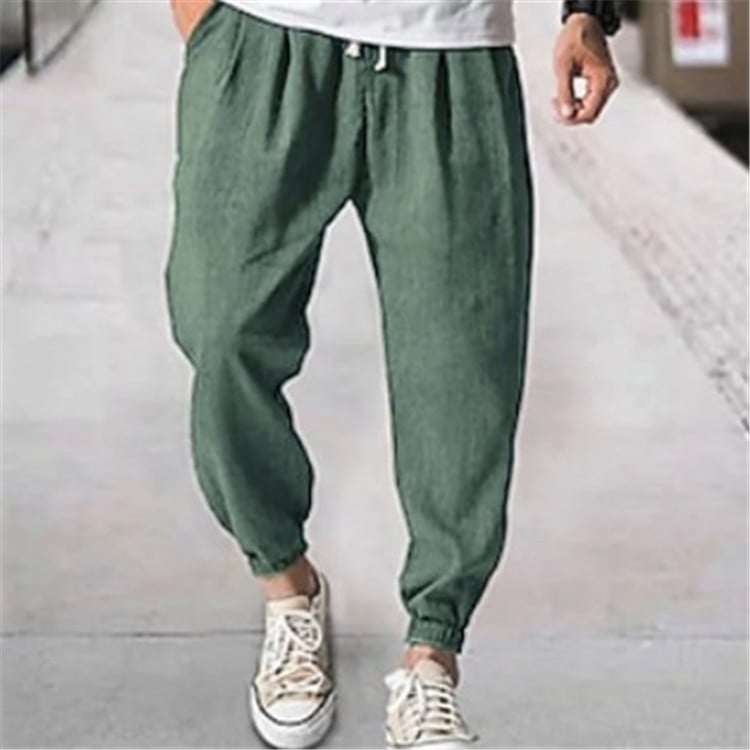 Férfi pamut és lenvászon szabadidő leggings, húzózsinóros, rugalmas derékkal, elülső zsebbel, egyszínű, kényelmes, lezser, bő