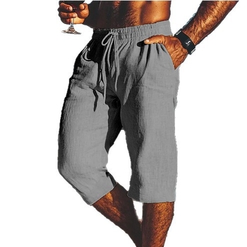 2025 Νέο Ανδρικό Παντελόνι Capri από Λινό, Καλοκαιρινό Σορτς Παραλίας με Τσέπη, Κορδόνι, Ελαστική Μέση, Μονόχρωμο Καρό, Αναπνεύσιμο