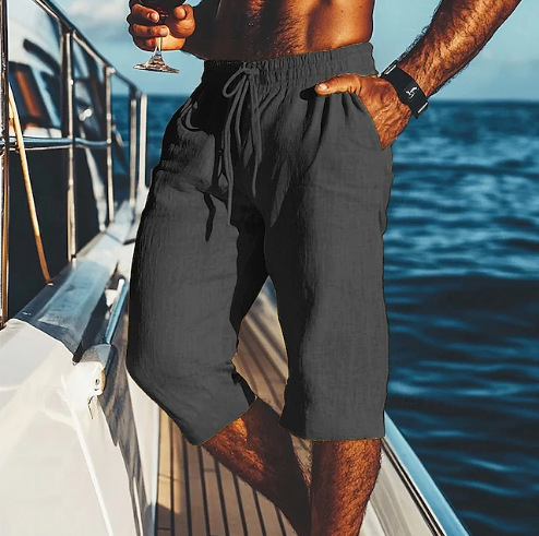 2025 Új Férfi Capri Nadrág Lenvászon Nyári Strandnadrág Zsebes Húzózsinóros Rugalmas Derék Egyszínű Kockás Légáteresztő