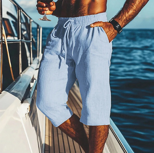 2025 Új Férfi Capri Nadrág Lenvászon Nyári Strandnadrág Zsebes Húzózsinóros Rugalmas Derék Egyszínű Kockás Légáteresztő