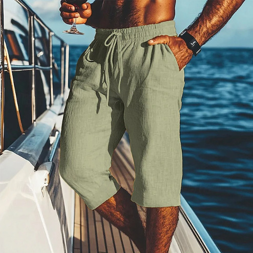 2025 Új Férfi Capri Nadrág Lenvászon Nyári Strandnadrág Zsebes Húzózsinóros Rugalmas Derék Egyszínű Kockás Légáteresztő