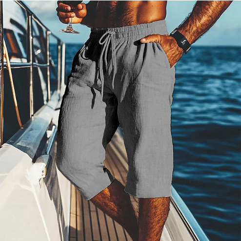 2025 Új Férfi Capri Nadrág Lenvászon Nyári Strandnadrág Zsebes Húzózsinóros Rugalmas Derék Egyszínű Kockás Légáteresztő