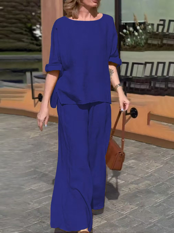 Διασυνοριακά Ευρωπαϊκά και Αμερικανικά Κοστούμια Άνοιξη και Καλοκαίρι 2025 Νέα Βαμβακερά και Λινά Κοστούμια για Γυναικεία, Άνετα, Καθαρά Χρώματα, Χαλαρά, Καθημερινά, Μακρυμάνικα Παντελόνια, Σετ Δύο Τεμαχίων