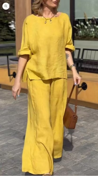 Трансгранични европейски и американски пролетно-летни нови памучни и ленени костюми за жени за 2025 г., удобни чисти цветове, свободни ежедневни панталони с дълъг ръкав, комплект от две части