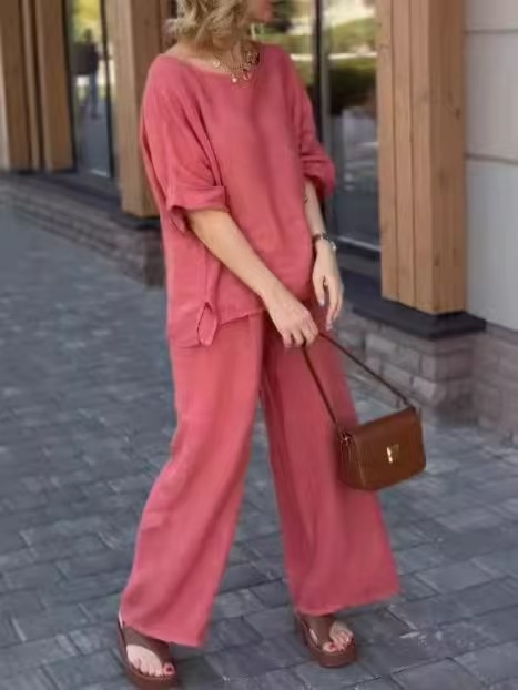 Трансгранични европейски и американски пролетно-летни нови памучни и ленени костюми за жени за 2025 г., удобни чисти цветове, свободни ежедневни панталони с дълъг ръкав, комплект от две части