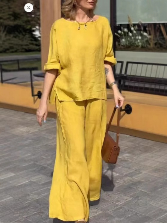 Трансгранични европейски и американски пролетно-летни нови памучни и ленени костюми за жени за 2025 г., удобни чисти цветове, свободни ежедневни панталони с дълъг ръкав, комплект от две части