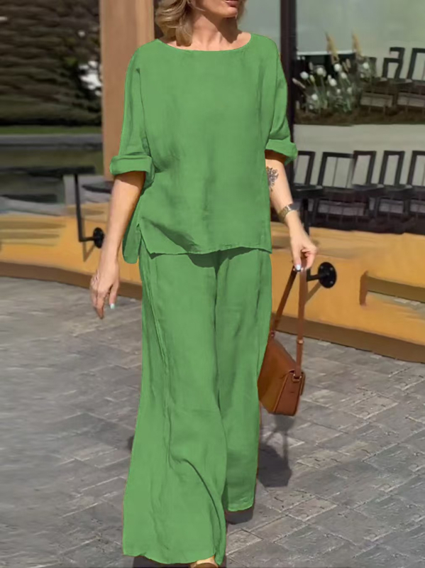 Трансгранични европейски и американски пролетно-летни нови памучни и ленени костюми за жени за 2025 г., удобни чисти цветове, свободни ежедневни панталони с дълъг ръкав, комплект от две части