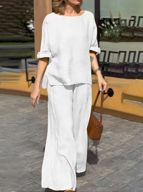 Трансгранични европейски и американски пролетно-летни нови памучни и ленени костюми за жени за 2025 г., удобни чисти цветове, свободни ежедневни панталони с дълъг ръкав, комплект от две части