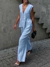 2025 Cross-Border V-Neck fără mâneci vestă pantaloni costum femei europene și americane nouă culoare pură elegantă îmbrăcăminte de lucru set din două piese