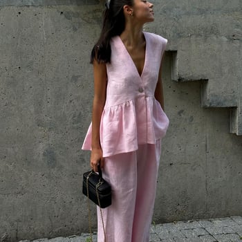 2025 Cross-Border V-Neck fără mâneci vestă pantaloni costum femei europene și americane nouă culoare pură elegantă îmbrăcăminte de lucru set din două piese