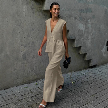 2025 Διασυνοριακό παντελόνι με λαιμόκοψη V χωρίς μανίκια, γυναικείο ευρωπαϊκό και αμερικανικό, νέο καθαρό χρώμα, κομψό σετ δύο τεμαχίων για ρούχα εργασίας