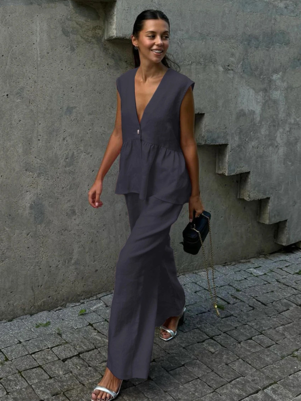 2025 Cross-Border V-Neck fără mâneci vestă pantaloni costum femei europene și americane nouă culoare pură elegantă îmbrăcăminte de lucru set din două piese