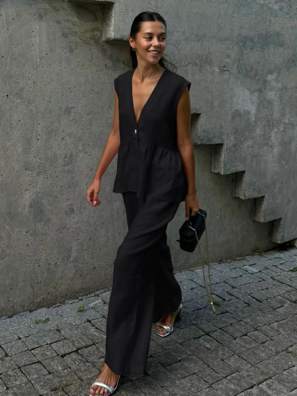 2025 Cross-Border V-Neck fără mâneci vestă pantaloni costum femei europene și americane nouă culoare pură elegantă îmbrăcăminte de lucru set din două piese